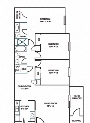 Three Bedroom Two Bath (1190 sq ft)